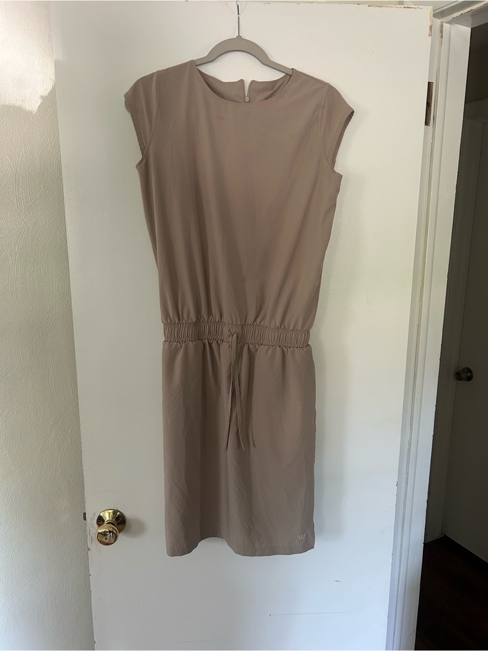 Albion Taupe Drawstring-Waist Midi Dress